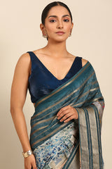 Blue Crepe Silk Saree with Broad Zari Border