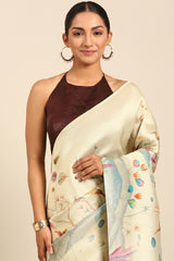 Cream Tussar Silk Saree with Zari Border
