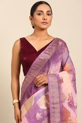 Purple & Pink Cotton Silk Saree with Zari Border