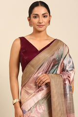 Maroon and Pink Tussar Silk Saree with Zari Border