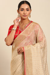 Cream & Red Linen Blended Silk Saree
