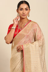 Cream & Red Linen Blended Silk Saree