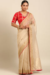 Cream & Red Linen Blended Silk Saree