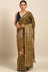 Green Crepe Silk Saree with Broad Zari Border