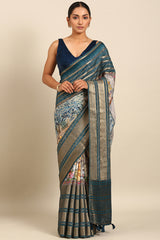 Blue Crepe Silk Saree with Broad Zari Border