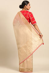Cream & Red Linen Blended Silk Saree