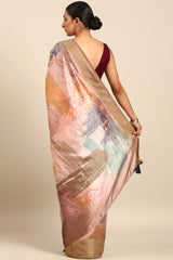 Maroon and Pink Tussar Silk Saree with Zari Border