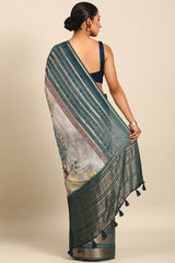 Blue Crepe Silk Saree with Broad Zari Border