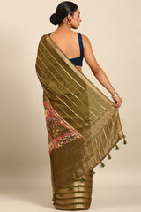 Green Crepe Silk Saree with Broad Zari Border