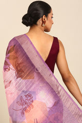 Purple & Pink Cotton Silk Saree with Zari Border