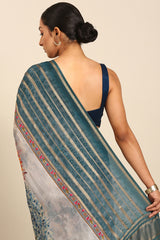 Blue Crepe Silk Saree with Broad Zari Border