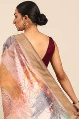 Maroon and Pink Tussar Silk Saree with Zari Border