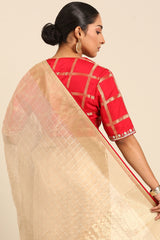 Cream & Red Linen Blended Silk Saree