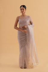 Shuba - Lilac Semi-Organza Saree with Scalloped Edges and Zari Thread Work - SKU EKS09