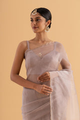 Shuba - Lilac Semi-Organza Saree with Scalloped Edges and Zari Thread Work - SKU EKS09