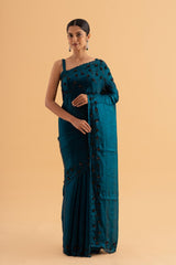 Annari - Deep Green Stardust Satin Saree with Sequins & Beadwork – Celestial Evening Wear - SKU EKS27