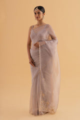 Shuba - Lilac Semi-Organza Saree with Scalloped Edges and Zari Thread Work - SKU EKS09