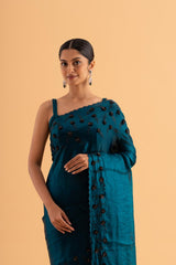 Annari - Deep Green Stardust Satin Saree with Sequins & Beadwork – Celestial Evening Wear - SKU EKS27