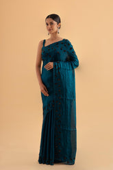 Annari - Deep Green Stardust Satin Saree with Sequins & Beadwork – Celestial Evening Wear - SKU EKS27