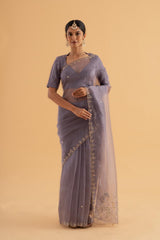Keerthi - Grey Blue Semi-Organza Saree with Thread & Zari Embroidery and Scalloped Edges - SKU EKS11