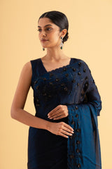 Annari - Midnight Blue Stardust Satin Saree with Sequins & Bead Embroidery – Galaxy-Inspired Glam - SKU EKS28