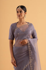 Keerthi - Grey Blue Semi-Organza Saree with Thread & Zari Embroidery and Scalloped Edges - SKU EKS11