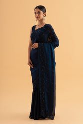 Annari - Midnight Blue Stardust Satin Saree with Sequins & Bead Embroidery – Galaxy-Inspired Glam - SKU EKS28