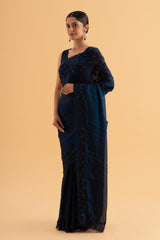 Annari - Midnight Blue Stardust Satin Saree with Sequins & Bead Embroidery – Galaxy-Inspired Glam - SKU EKS28
