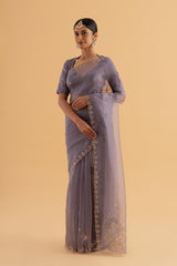 Keerthi - Grey Blue Semi-Organza Saree with Thread & Zari Embroidery and Scalloped Edges - SKU EKS11