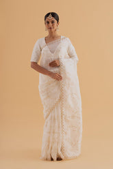 Chehel - White Crush Silk Saree with Hand Thread Work – Timeless and Elegant - SKU EKS13