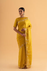Purva - Deep Yellow Crystal Silk Saree with Embroidery – Glamorous Festive Wear - SKU EKS05