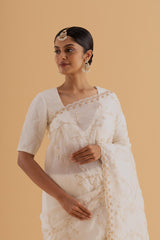 Chehel - White Crush Silk Saree with Hand Thread Work – Timeless and Elegant - SKU EKS13