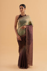 Bahara - Chocolate Ombre Satin Saree with Stone Work & Scalloped Border – Luxe Party Wear - SKU EKS29