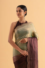 Bahara - Chocolate Ombre Satin Saree with Stone Work & Scalloped Border – Luxe Party Wear - SKU EKS29