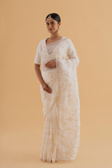 Chehel - White Crush Silk Saree with Hand Thread Work – Timeless and Elegant - SKU EKS13
