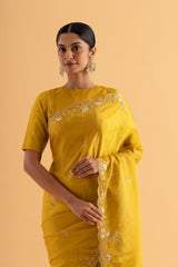 Purva - Deep Yellow Crystal Silk Saree with Embroidery – Glamorous Festive Wear - SKU EKS05