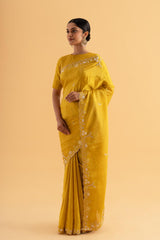 Purva - Deep Yellow Crystal Silk Saree with Embroidery – Glamorous Festive Wear - SKU EKS05