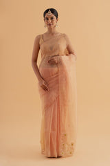 Shuba - Orange Semi-Organza Saree with Scalloped Edges and Zari Thread Work - SKU EKS08