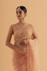 Shuba - Orange Semi-Organza Saree with Scalloped Edges and Zari Thread Work - SKU EKS08