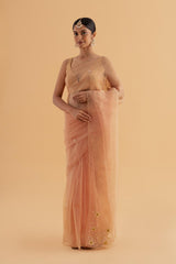 Shuba - Orange Semi-Organza Saree with Scalloped Edges and Zari Thread Work - SKU EKS08