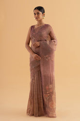 Leher - Brown Satin Silk Saree with Sequin & Bead Work – Glamorous Festive Wear - SKU EKS20