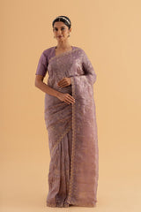 Chehel - Aubergine Crush Silk Saree with Handcrafted Thread Work for Evening Elegance - SKU EKS12