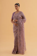 Chehel - Aubergine Crush Silk Saree with Handcrafted Thread Work for Evening Elegance - SKU EKS12