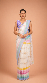 Nira – Pastel Multicolor Cotton Saree with Soft Gold Accents - SKU EKS86