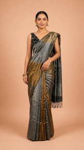 Tara - Smoky Grey & Antique Gold Pure Linen Saree - SKU EKS84