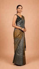 Tara - Smoky Grey & Antique Gold Pure Linen Saree - SKU EKS84
