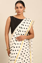 Monochrome Mood Black & White Mul Cotton Saree with Polka Print and Zari Borders