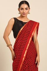 Red & Black Mul Cotton Saree with Bhoti Pallu and Printed Body