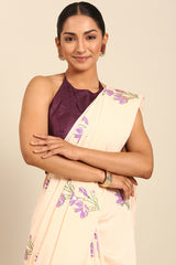 Golden Lavender Cream Mul Cotton Saree with Foil Print and Zari Border