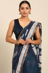 Navy Blue & White Mul Cotton Saree with Bhoti Pallu and Printed Detailing